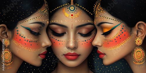 Three Indian women with decorative facepaint and jewelry in a close portrait