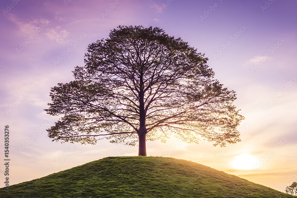 Obraz premium Tree on hill beneath pastel sky