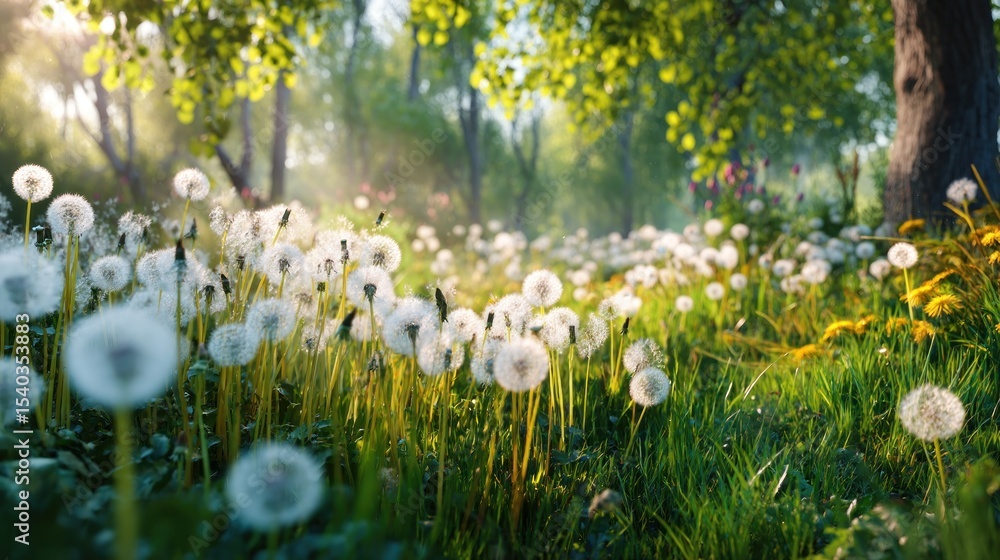 Fototapeta premium Sunlit meadow filled with dandelions. Lush green grass, bright sunlight, and soft shadows