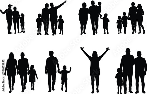 Family silhouettes walking together, parents with children, happy family moments, black shadows on white background, unity and love, family bonding, group people illustration