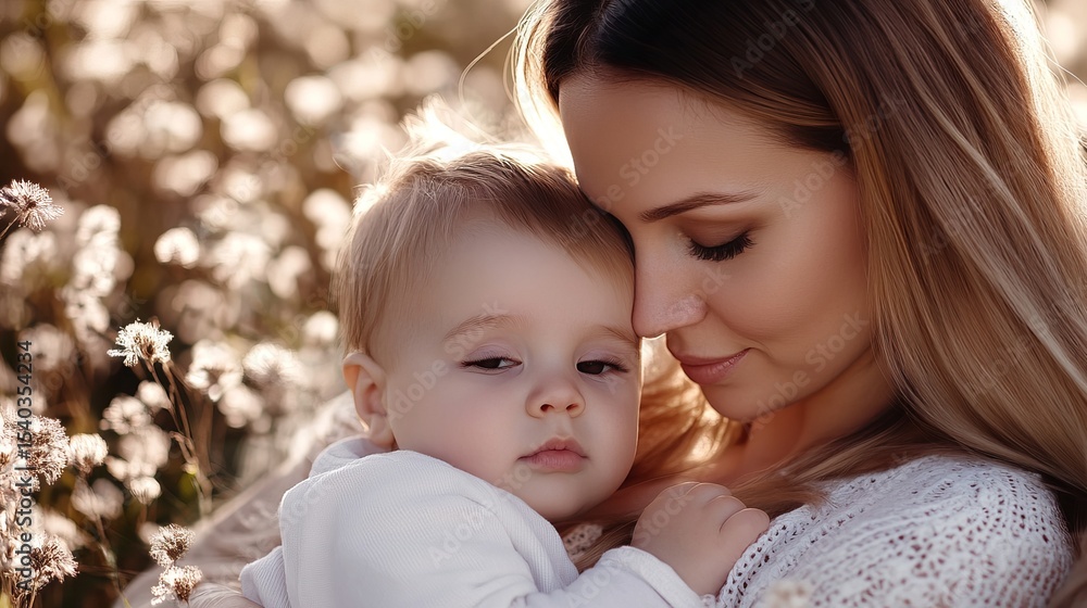Mother holds her baby outdoors surrounded by soft, white, fluffy plants in the bright sunlight, creating a tender and loving atmosphere. Mother holds her baby outdoors surrounded by soft, white, fluffy plants in the bright sunlight, creating a tender and loving atmosphere.