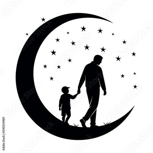 Father and son stroll handinhand across a crescent moon, stars twinkling above