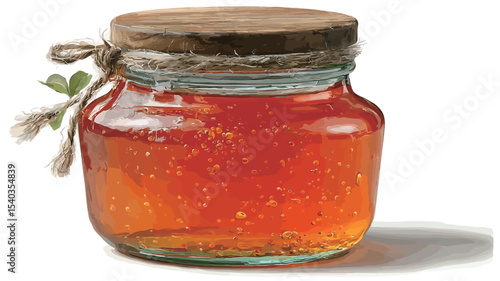 A close-up shot of a squat, clear glass jar filled with amber-colored honey. The jar has a rustic, wooden lid secured with twine and a small sprig of greenery. The honey appears thick and viscous,