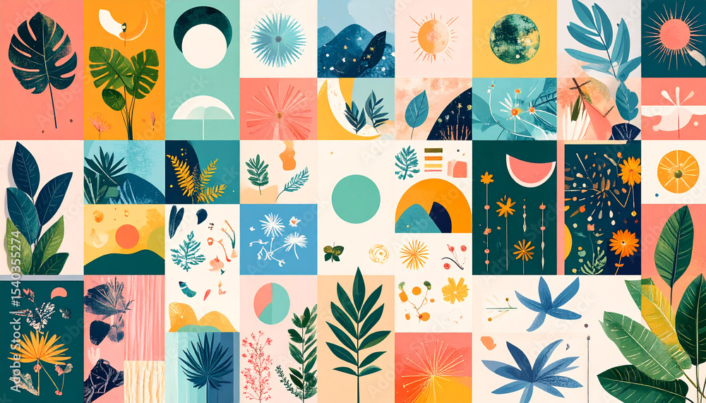 Fototapeta premium Abstract futuristic moodboard with trending design elements, colors, and tech-inspired visuals-generative AI