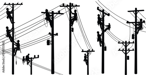 Electrical linemen working on power poles, climbing utility poles, maintenance workers silhouette, electricity repair, power line job, safety gear, construction crew illustration vector