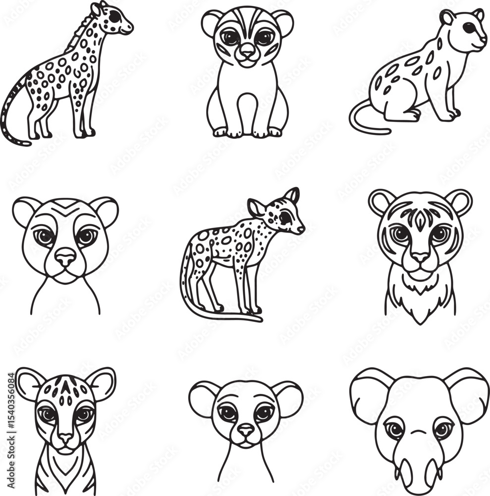 Obraz premium Adorable African Safari Animals Line Art Illustrations of Cute Baby Animals