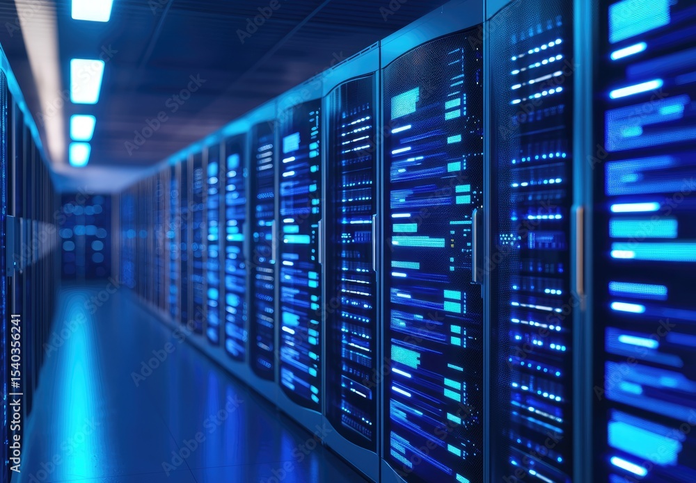 Blue glowing server room with digital patterns on cabinet panels in a high-tech data center, perfect for IT services, AI systems, and cloud infrastructure concepts Blue glowing server room with digital patterns on cabinet panels in a high-tech data center, perfect for IT services, AI systems, and cloud infrastructure concepts
