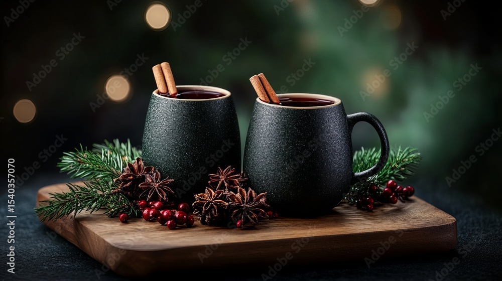 custom made wallpaper toronto digitalTwo mugs containing mulled wine sit on a wooden board with cinnamon sticks, star anise, cranberries, and pine needles.