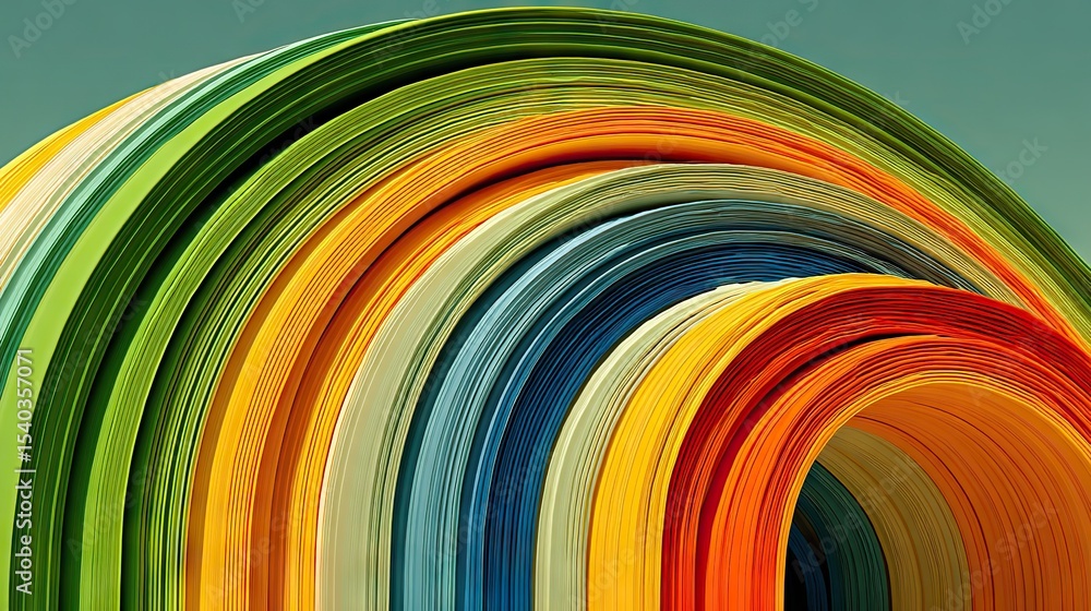 Fototapeta premium Abstract colorful rainbow arch with smooth color transitions from yellow to blue forming vertical stripes and curved lines on white background. Space between stripes for text or images, emphasizing vi