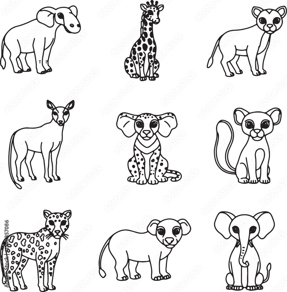 Obraz premium Adorable African Safari Animals Line Art Drawings of Elephants, Giraffes, Lions, Cheetahs, and More