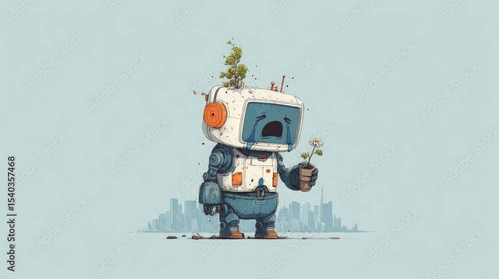 Fototapeta premium Sad Robot Holding a Flower in Cityscape