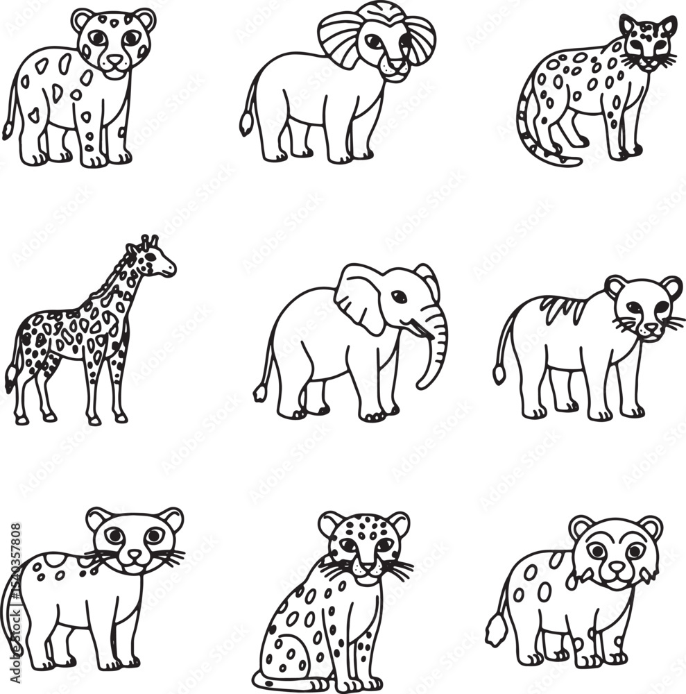 Obraz premium Adorable African Safari Animals Line Art Illustrations of Elephants, Lions, Leopards, Giraffes and More