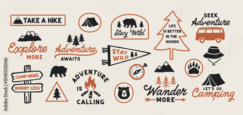 Outdoor adventure badge set with camping quotes and forest illustrations. Perfect for t-shirt designs, stickers, travel gear, or hiking-themed merchandise.	