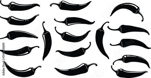 Black chili pepper silhouettes, hot spicy food icons, jalapeño vector set, isolated chili shapes for design, spicy ingredient illustration, cooking decoration clipart