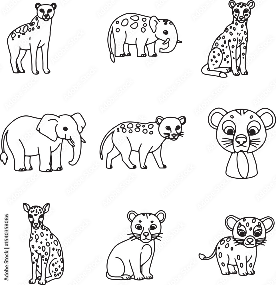 Obraz premium Adorable African Safari Animals Coloring Page Featuring Elephants, Cheetahs, and More