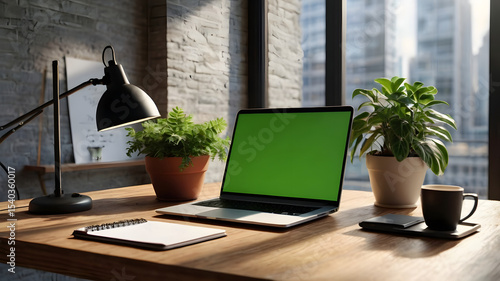 Wallpaper Mural Modern Workspace with Laptop Green Screen and Potted Plants Torontodigital.ca