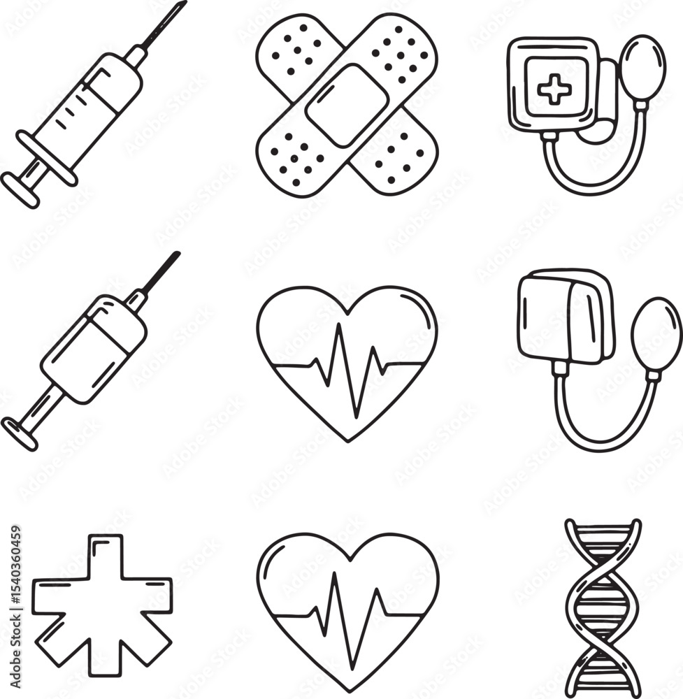 Medical Icons Syringes, Bandages, EKG, DNA, and More – Healthcare Illustrations Medical Icons Syringes, Bandages, EKG, DNA, and More – Healthcare Illustrations
