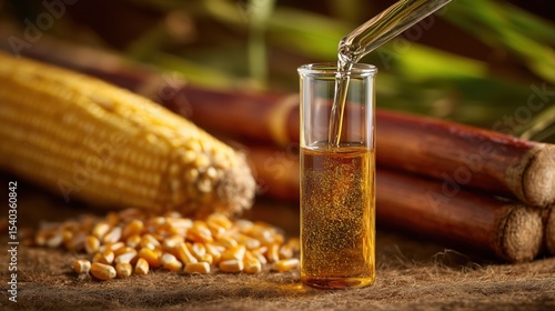 High-resolution image of sustainable ethanol fuel being poured into a transparent test tube, surrounded by corn kernels and sugarcane, soft shadows, eco-lab environment