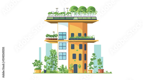 A vector illustration depicting a modern, eco-friendly apartment building. The building is multi-storied with a distinct design featuring a rooftop garden, multiple balconies with plants