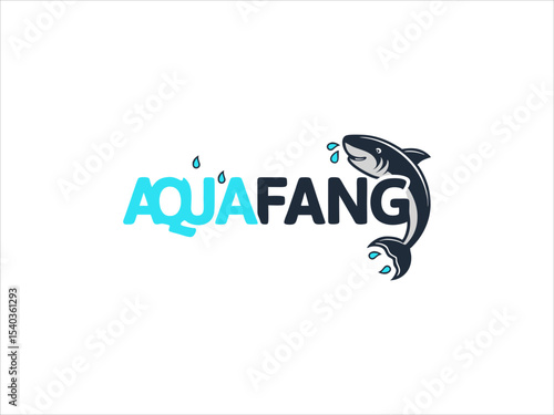 Aqua Fang Logo Design Dark Blue Shark Cyan Water Drops Text V E C T O R vector