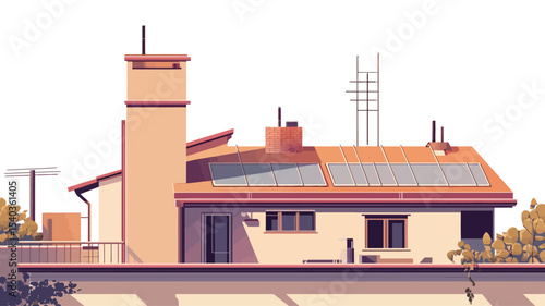 A digital illustration depicting a single-story suburban house with solar panels installed on its roof. The house is rendered in a flat style with muted peach and orange tones.  