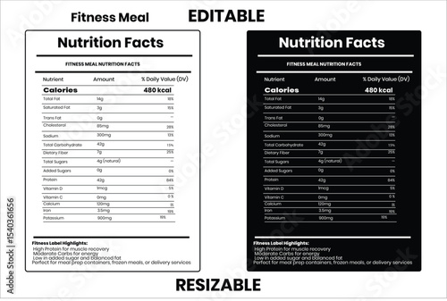 Fitness Meal Nutrition Facts, nutrition facts, nutrition, nutrition label, calories in food, nutrition info, supplement facts, vector template