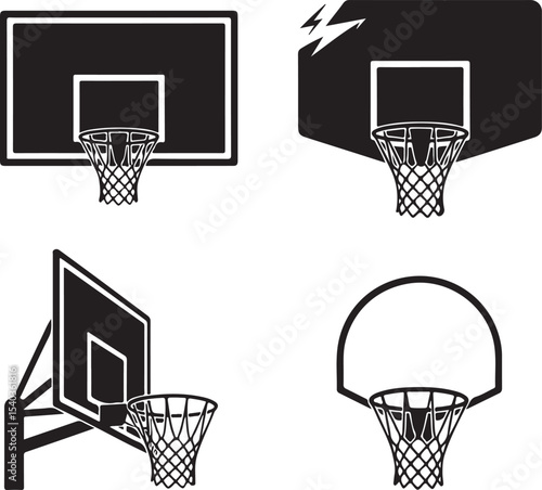 Basketball Hoop Silhouette Set — Standard, Street Style, Broken Net, Angled, and Vintage Ring — Black Vector Icons on White