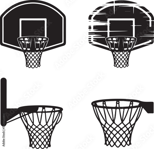 Basketball Hoop Silhouette Set — Standard, Street Style, Broken Net, Angled, and Vintage Ring — Black Vector Icons on White