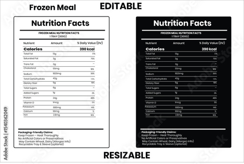 Frozen Meal, nutrition facts, nutrition, nutrition label, calories in food, nutrition info, supplement facts, vector template