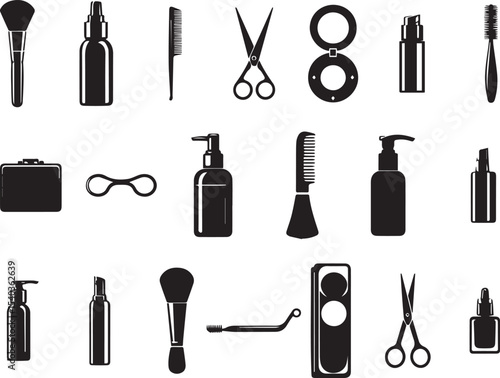 Grooming makeup tool silhouette design bundle, set of modern beauty product symbol clip art, logo icon