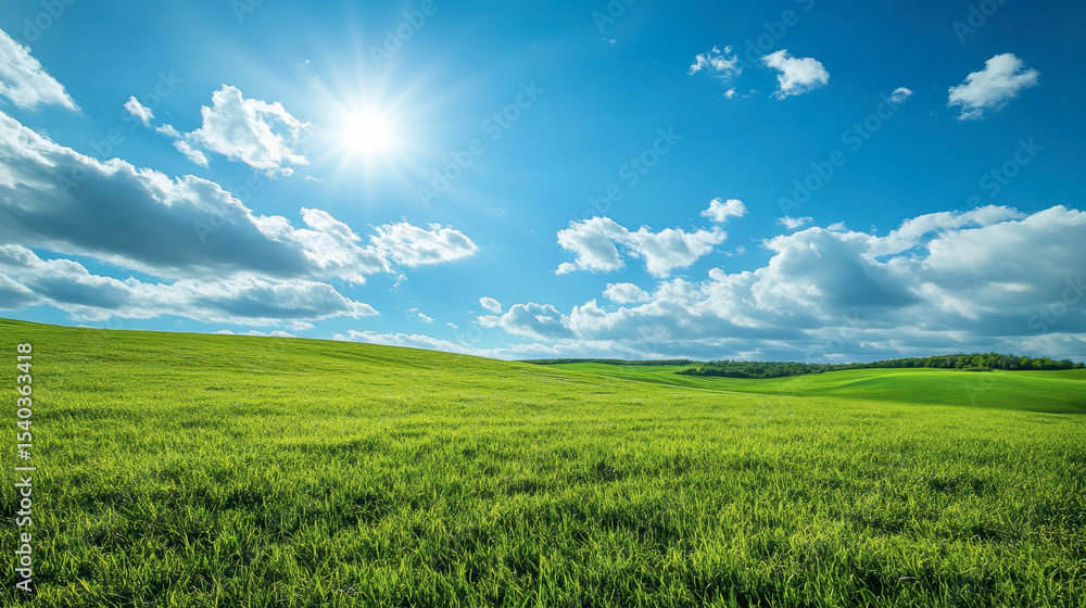 Fototapeta premium Bright Green Fields Under Blue Sky