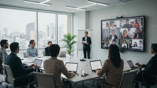 Professional team meeting in a modern conference room with video connection to remote participants