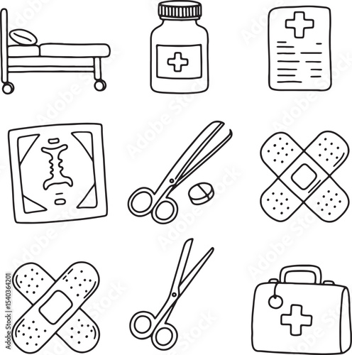 Medical Illustrations Hand-Drawn Hospital Equipment and First Aid Supplies