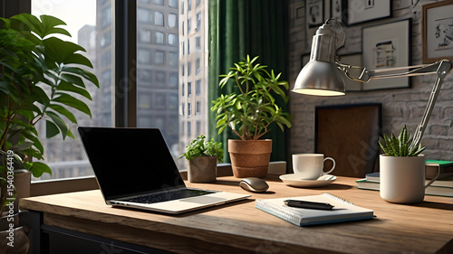 Wallpaper Mural Modern Workspace with Laptop Green Screen and Potted Plants Torontodigital.ca