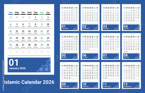 Desk Calendar 2026 with Islamic Hijri calendar . Calendar 2026 with portrait or vertical design. week start on Sunday. Sunday as weekend. Friday as holy day marked with green.A4 format size.