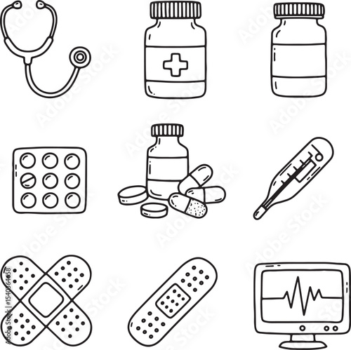 Medical Supplies and Healthcare Equipment Hand-Drawn Illustrations of Pills, Stethoscope, and More