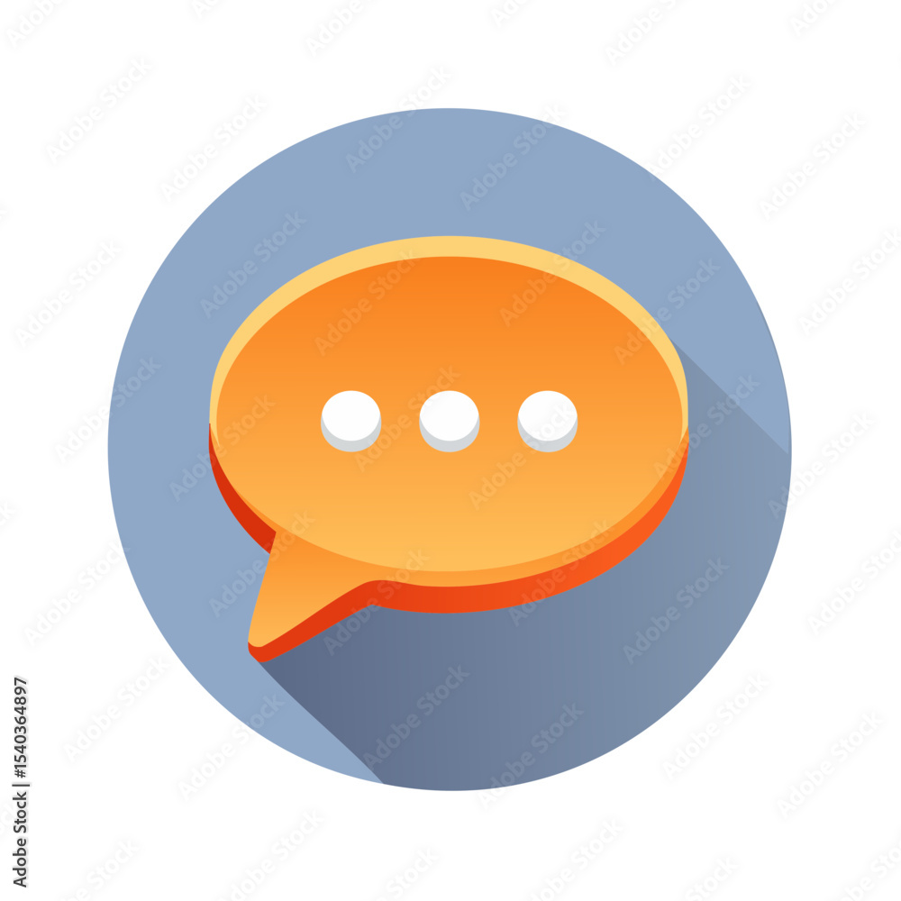 Fototapeta premium Orange speech bubble icon with three dots communication dialog round shape with shadow on blue background graphic design element