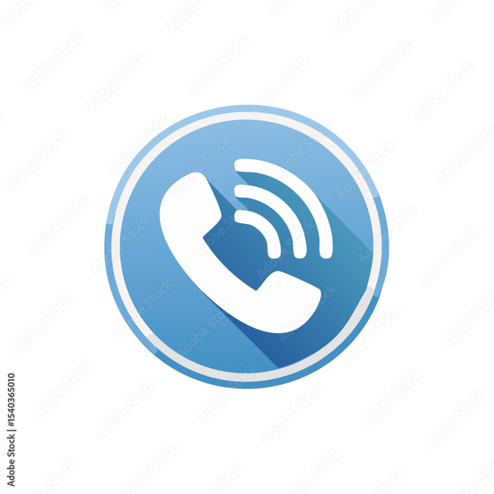 Calling telephone receiver communication icon, white handset on a blue round button with sound waves emanating, contact service Calling telephone receiver communication icon, white handset on a blue round button with sound waves emanating, contact service