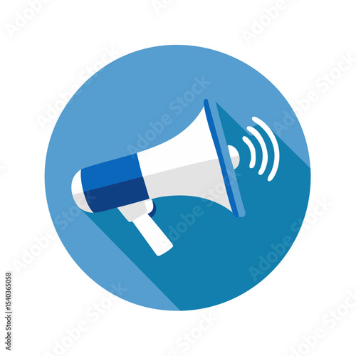 Blue and White Megaphone Announcing Loudspeaker with Sound Waves on Round Background