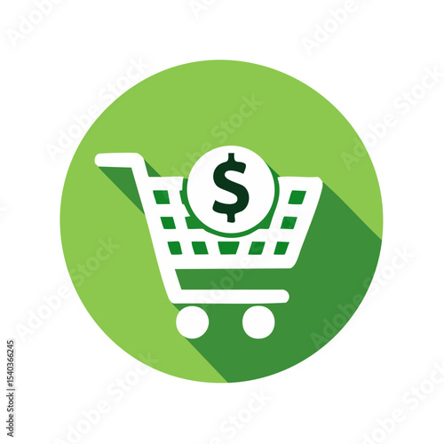 Online Shopping Icon Dollar Coin in Shopping Cart for Ecommerce Promotion Green Circle Background