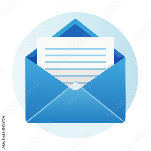 Blue envelope with letter inside, inbox mail icon with document in cartoon style. Email marketing and newsletter campaign concept for communication