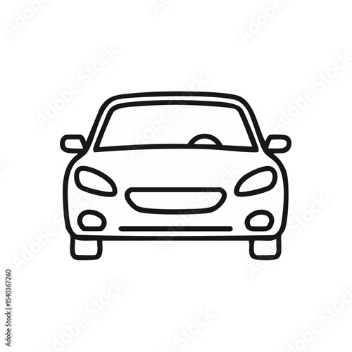 Car front view white outline vector, modern automobile vehicle illustration isolated on black backdrop