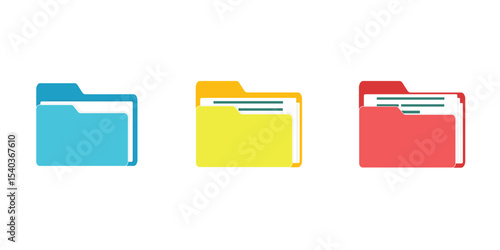 Computer file folder icons set. Colorful document folders. Office folder icons with documents. Folders for reports and important documents. Vector illustration.