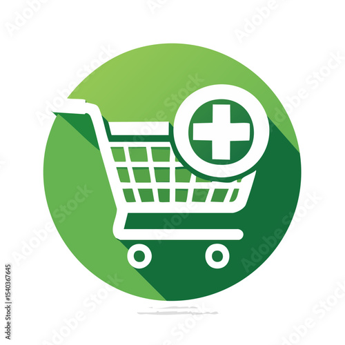 Shopping Cart with Plus Sign Symbol in Green Circle Background Adding Items Online Retail