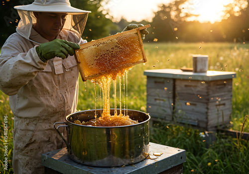 Fototapeta Naklejka Na Ścianę i Meble -  Beekeeper harvesting honeycomb at sunset