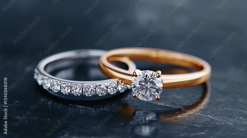 Two rings, one gold with a large diamond and one silver with smaller diamonds, rest on a dark surface. Two rings, one gold with a large diamond and one silver with smaller diamonds, rest on a dark surface.