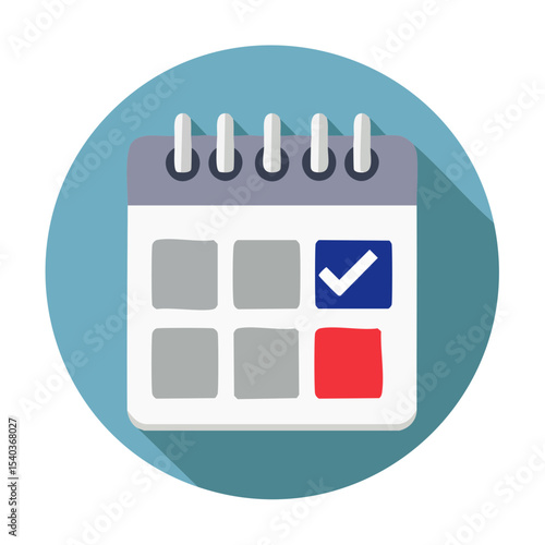 Calendar icon with checkmark and red square for scheduling and time management flat design on blue circular shape