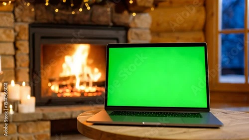 Laptop fireplace green screen
