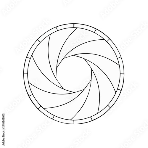 Aperture Iris Design in White on Black Background, Camera Lens Diaphragm Illustration