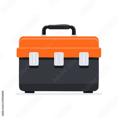 Closed orange toolbox with gray body and black handle for storing repair tools or equipment in a workshop
